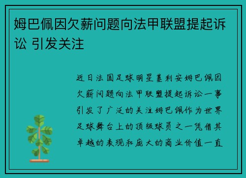 姆巴佩因欠薪问题向法甲联盟提起诉讼 引发关注